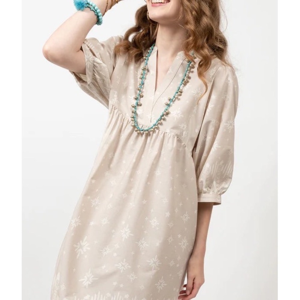Uncle Frank Babydoll Dress Women XS Beige Meadow Cotton Star Puff Sleeve Cottage